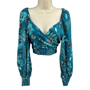 Boho Teal Floral Wrap Crop Top Balloon Sleeve NWT Band of the Free S